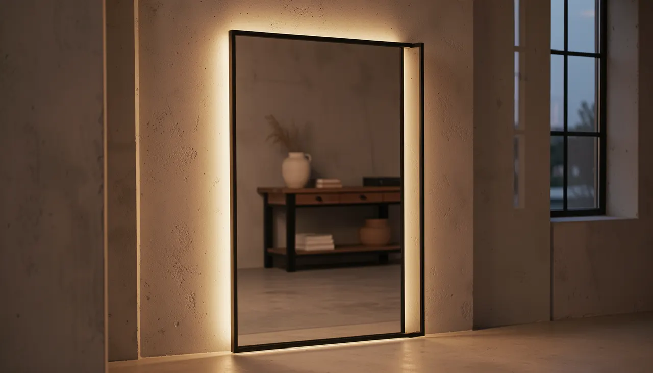 Miroir verrière éclairé par ruban LED périphérique chaud dans une entrée style industriel