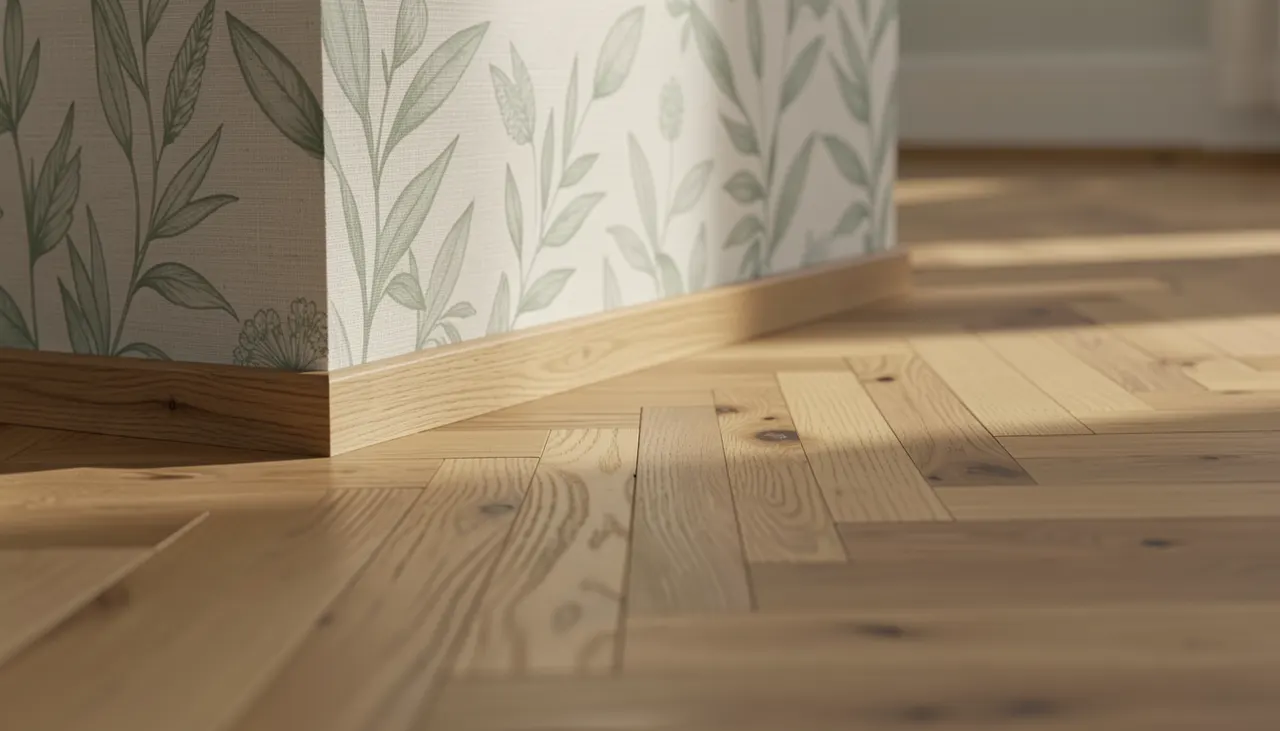 Sol parquet chêne huilé bâton rompu, mur papier peint panoramique feuillage discret, transition douce