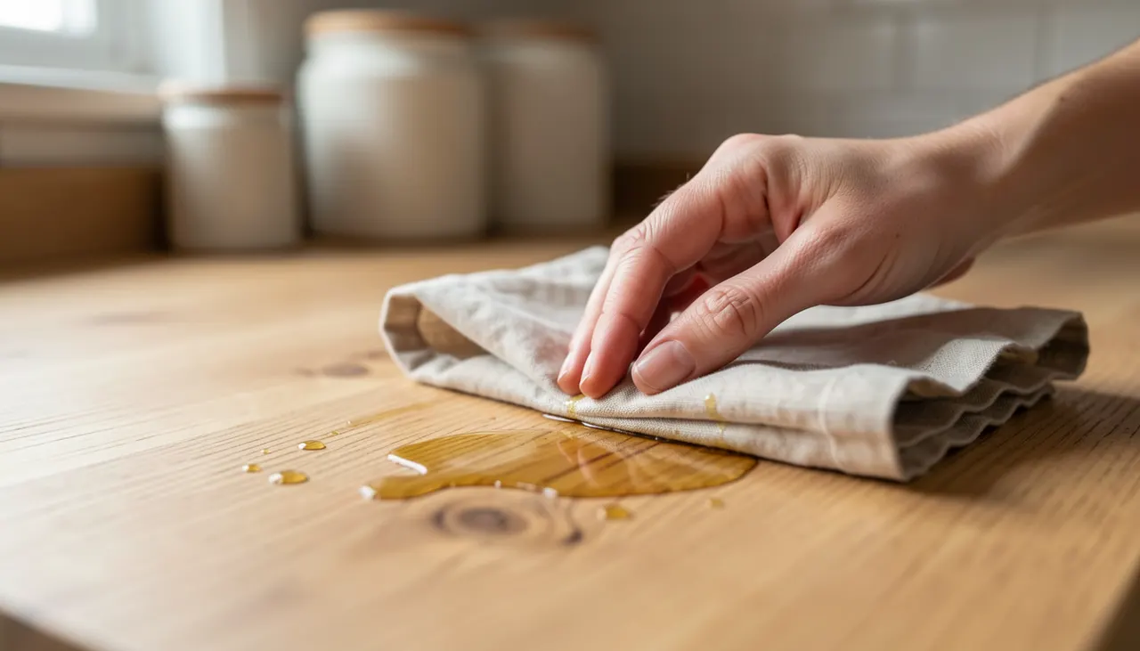 Main appliquant de l'huile naturelle sur un plan de travail en chêne clair avec un chiffon en lin
