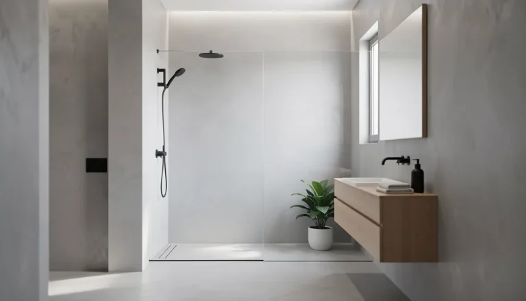 Salle de bain contemporaine en béton ciré gris clair murs et sol continu douche à l'italienne