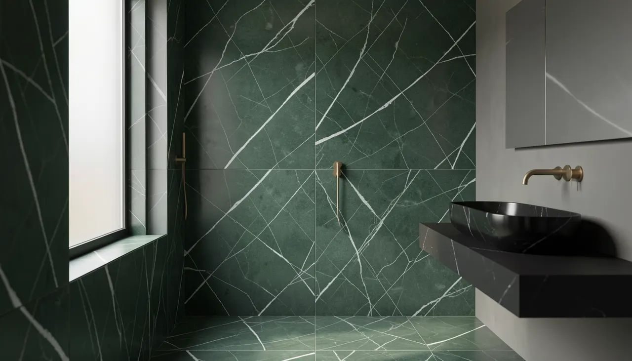 Salle de bain marbre Vert de Mer paroi douche grande dalle, vasque posée noire, robinetterie laiton brossé, sol carreaux adoucis