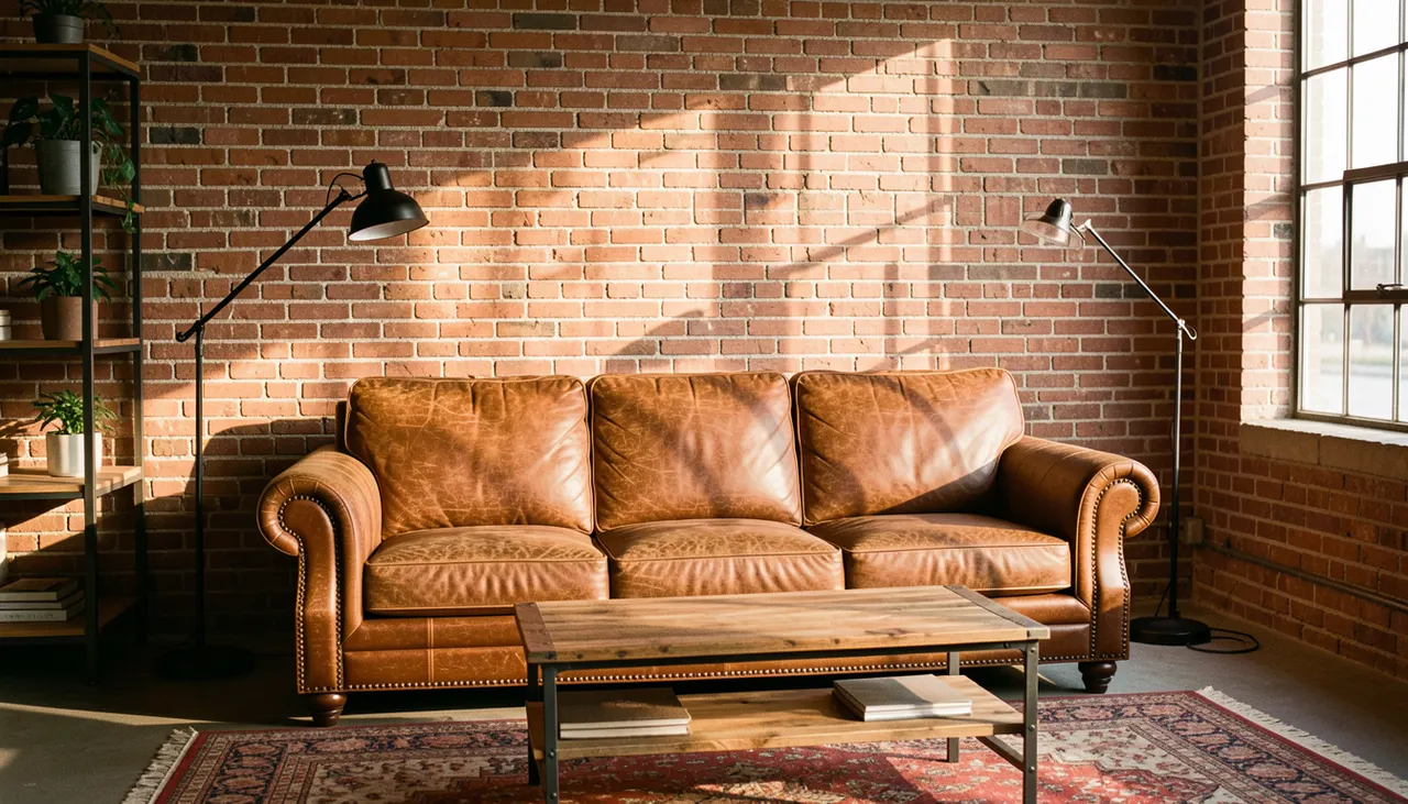 Salon style industriel avec canapé cuir marron vieilli, mur brique, lampe atelier, table métal bois
