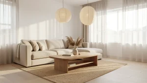 Salon japandi lumineux avec canapé bas en lin beige, table basse en chêne clair, tapis en jute et lanternes en papier de riz