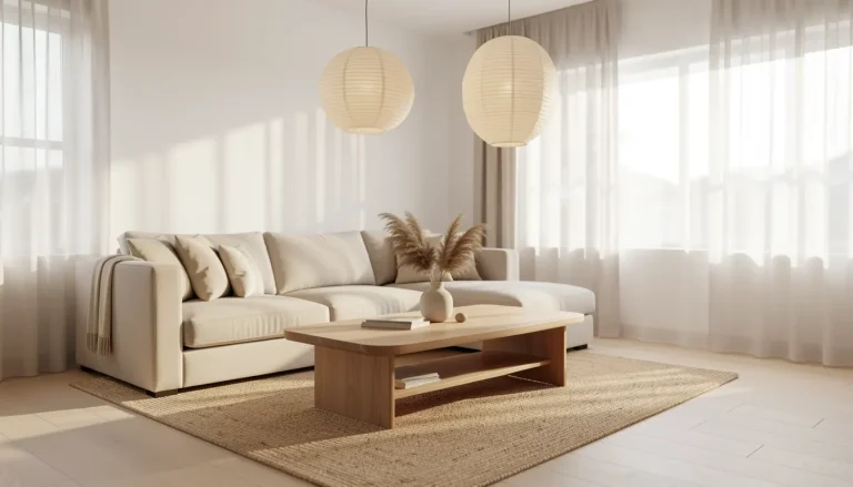 Salon japandi lumineux avec canapé bas en lin beige, table basse en chêne clair, tapis en jute et lanternes en papier de riz