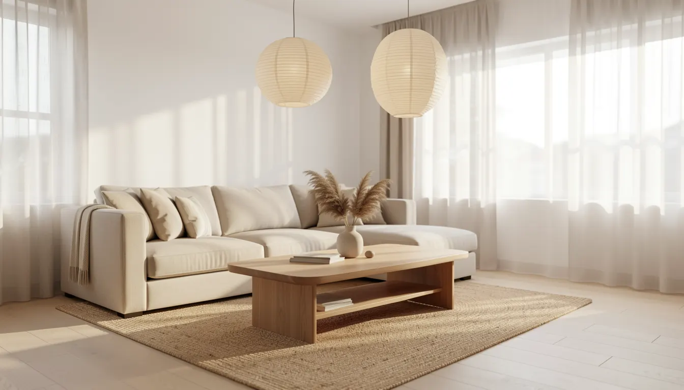 Salon japandi lumineux avec canapé bas en lin beige, table basse en chêne clair, tapis en jute et lanternes en papier de riz