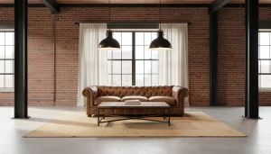 Grand salon style industriel avec mur en brique, poutres métal, canapé cuir et suspension usine