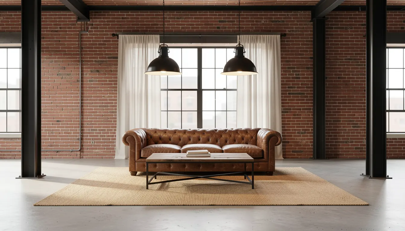 Grand salon style industriel avec mur en brique, poutres métal, canapé cuir et suspension usine