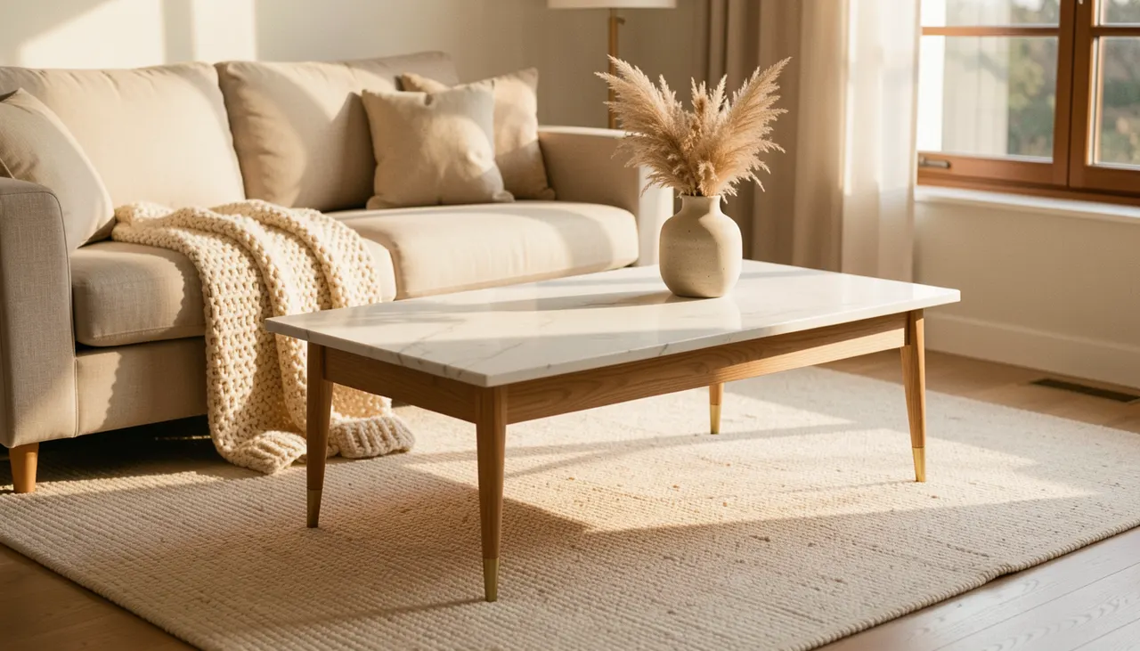 Salon table basse marbre blanc plateau bois chêne piètement laiton, canapé lin beige, tapis laine, lumière douce