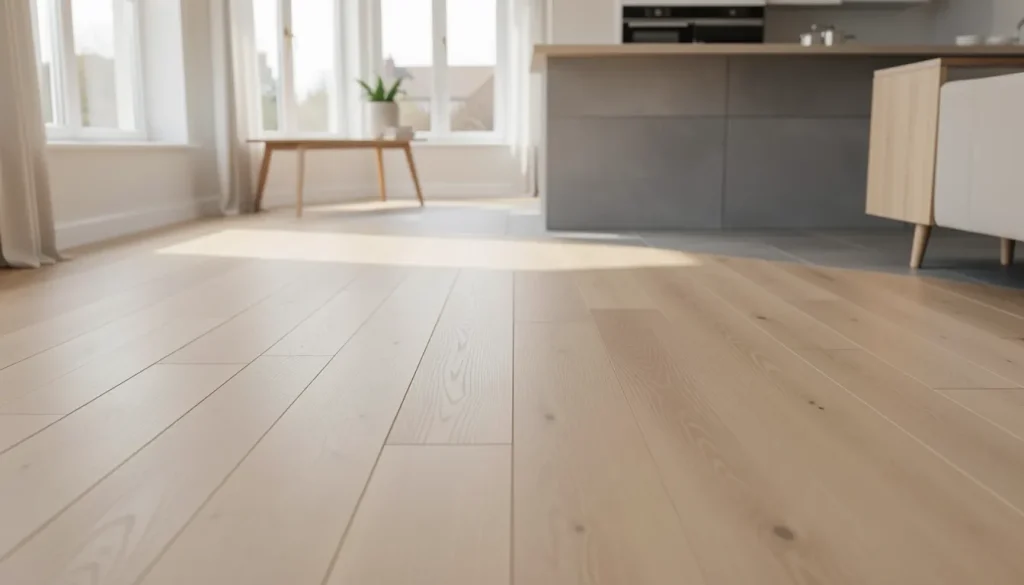 Grand salon lumineux avec sol en parquet chêne clair posé à l'anglaise, transition vers carrelage gris dans la cuisine ouverte