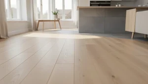 Grand salon lumineux avec sol en parquet chêne clair posé à l'anglaise, transition vers carrelage gris dans la cuisine ouverte
