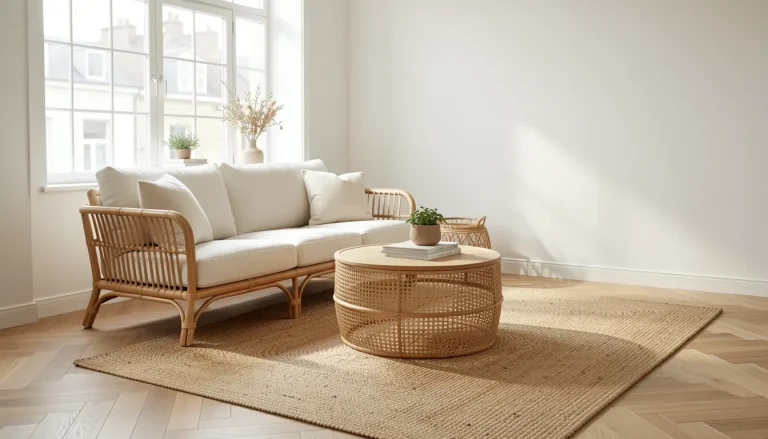 Salon lumineux avec canapé en rotin naturel, table basse en cannage et tapis en jute