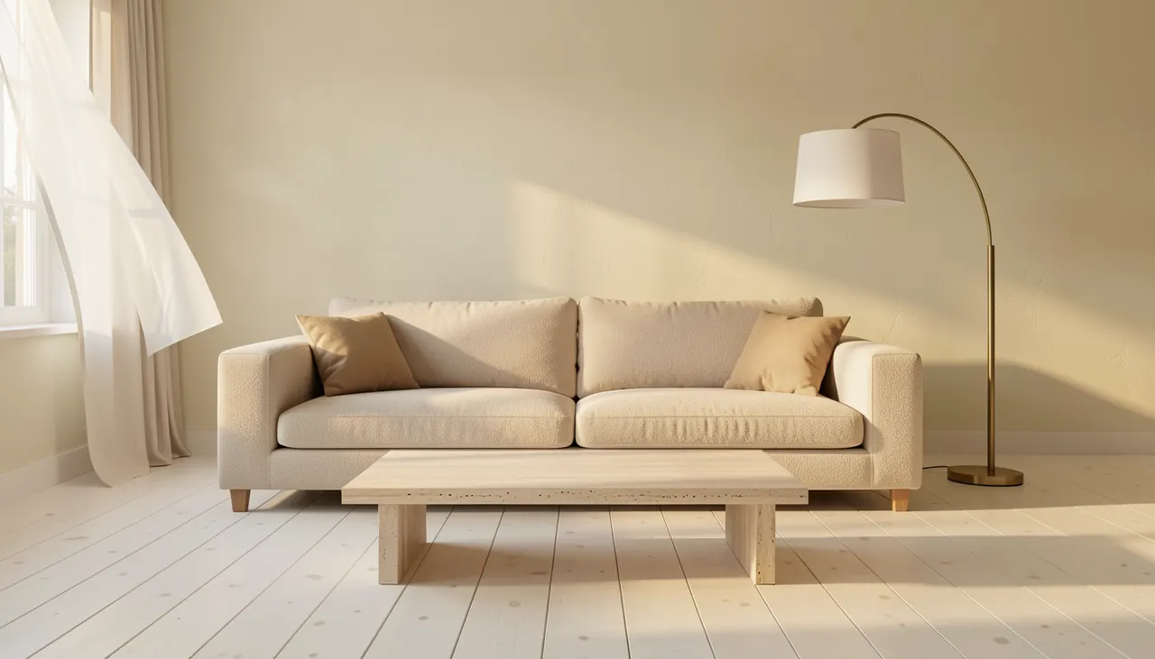 Canapé modulaire bouclette, table basse travertin, lampadaire arc laiton