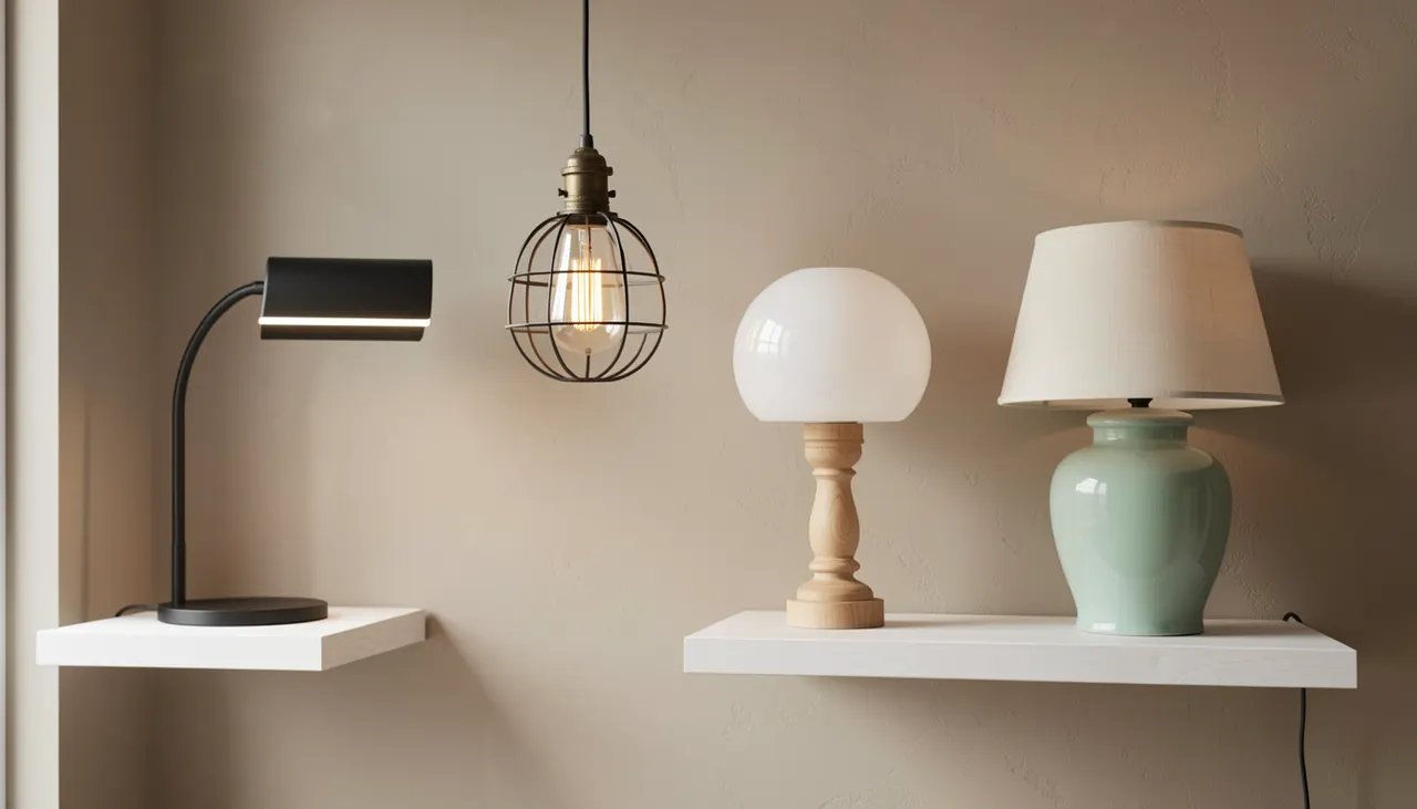 Quatre styles de lampes sur une étagère : contemporain, industriel, scandinave, classique