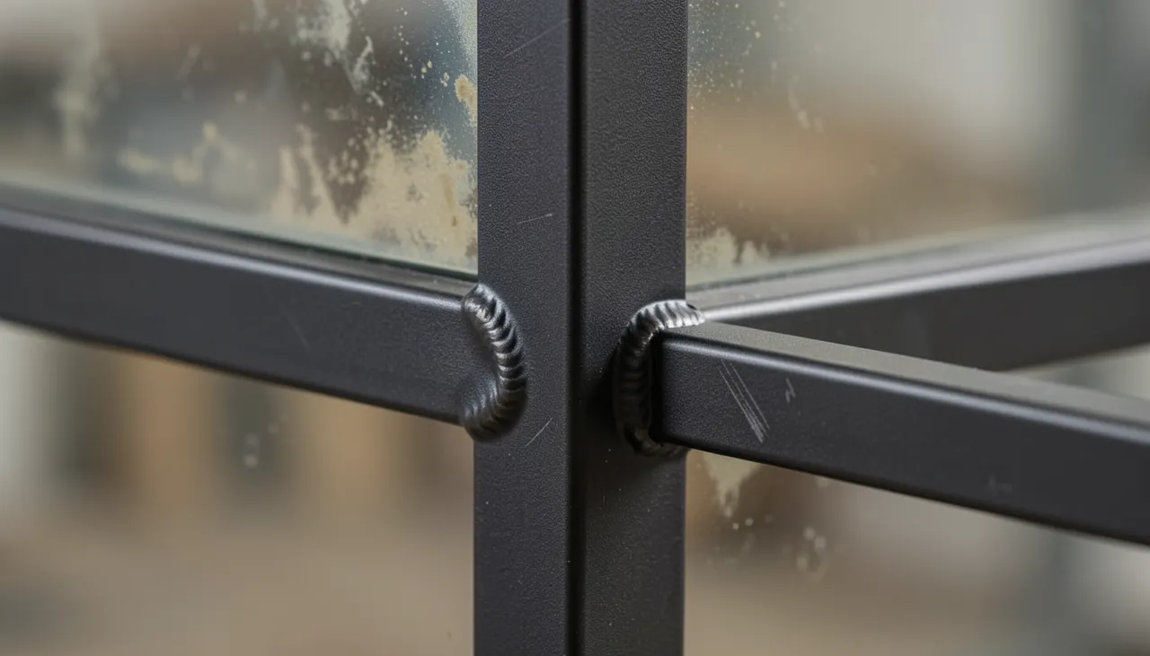 Détail gros plan sur la structure acier noir d'un miroir verrière avec traverses soudées et miroir vieilli