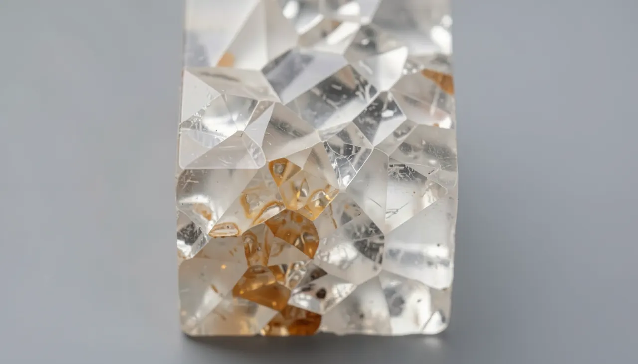 Gros plan texture quartz aggloméré montrant grains minéraux et résine transparente