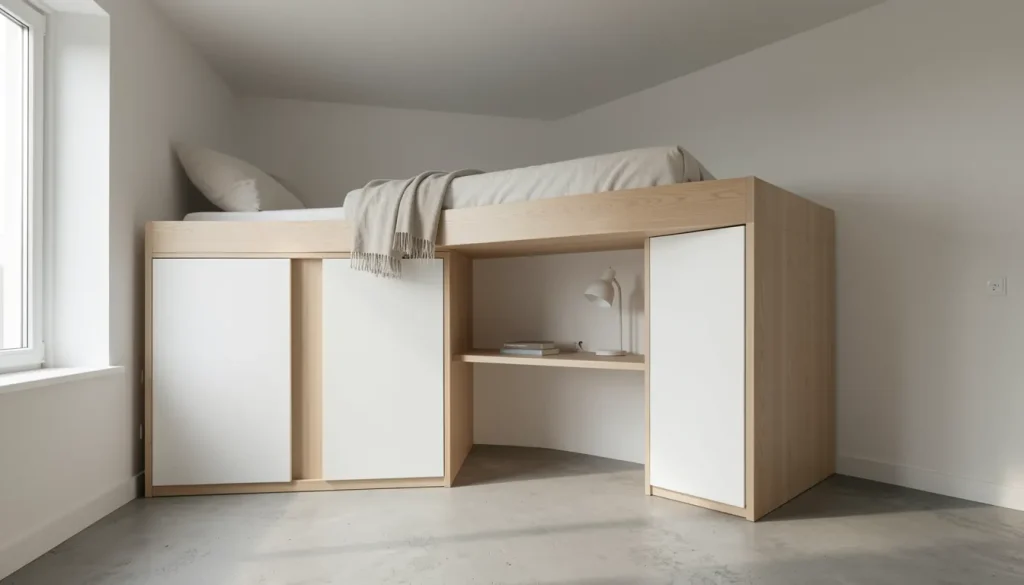 Studio optimisé de 25 m² avec lit mezzanine, bureau intégré et rangements sur mesure sous pente