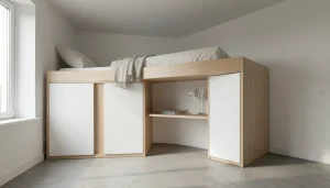 Studio optimisé de 25 m² avec lit mezzanine, bureau intégré et rangements sur mesure sous pente