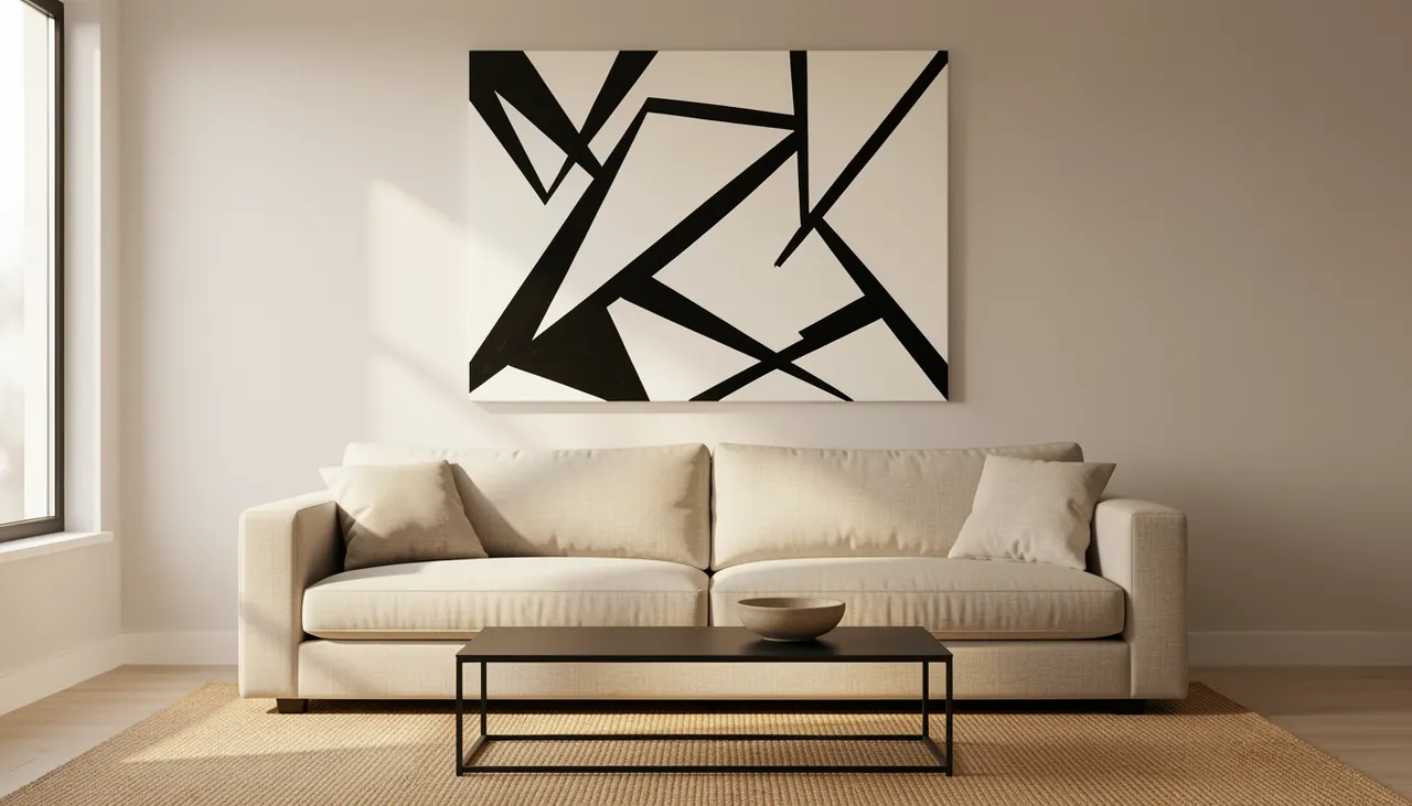Salon contemporain avec tableau abstrait géométrique noir et blanc au-dessus d'un canapé en lin naturel