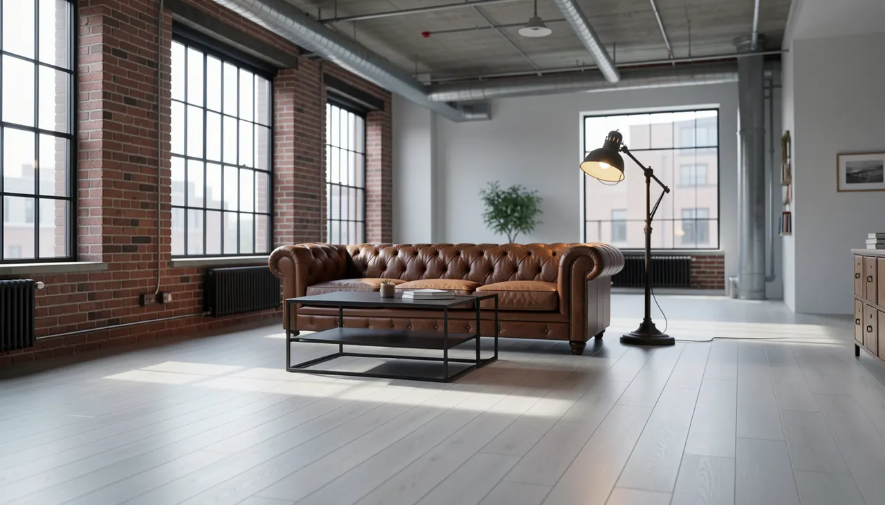 Salon style industriel carrelage imitation parquet gris clair grand format murs brique métal