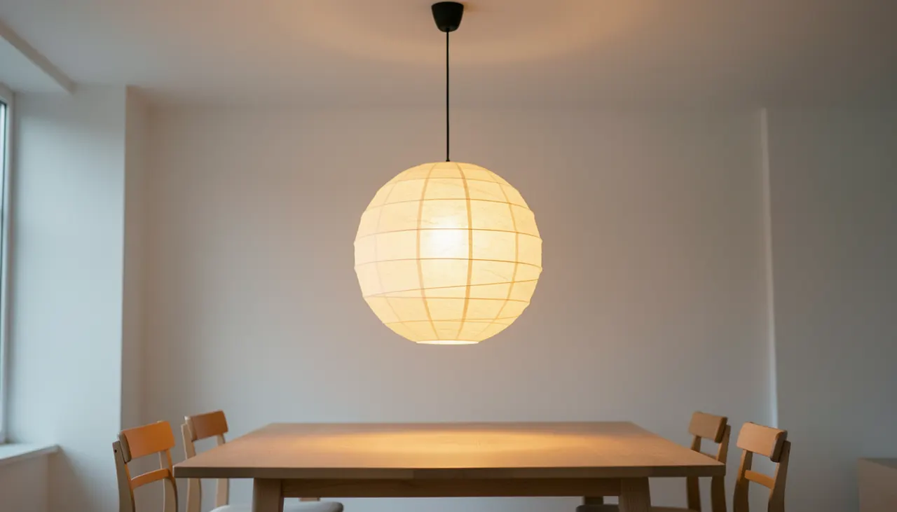 Suspension en papier washi artisanale allumée, lumière chaude 2700K, câble textile noir, intérieur japonais minimaliste