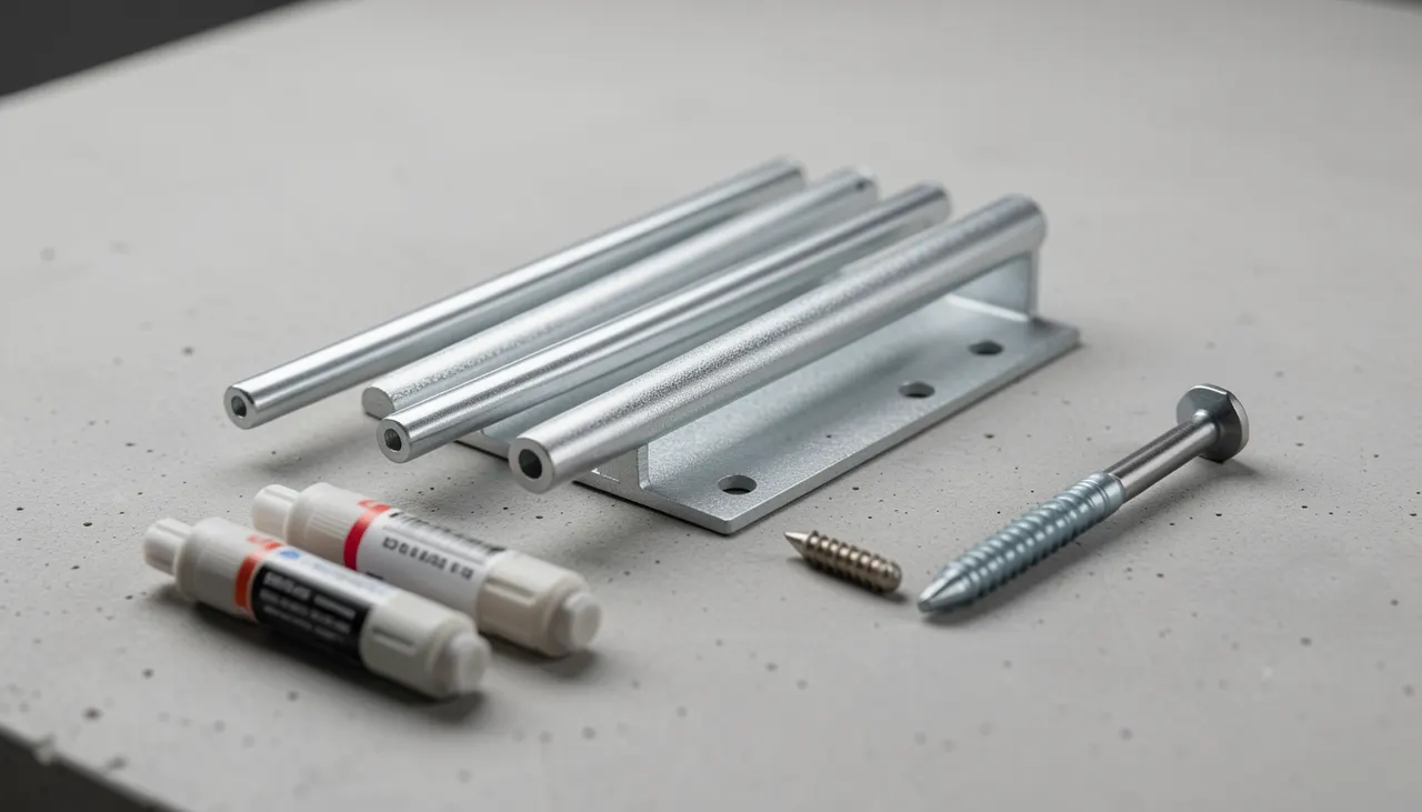 Gros plan sur système de fixation invisible à tiges rondes en acier zingué posé sur table d'atelier