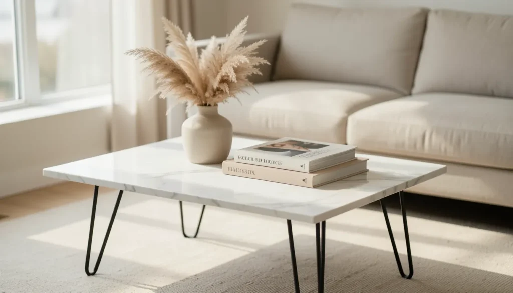 Table basse rectangulaire en marbre blanc veiné gris, piètement métal noir, dans un salon clair avec canapé lin et tapis texturé