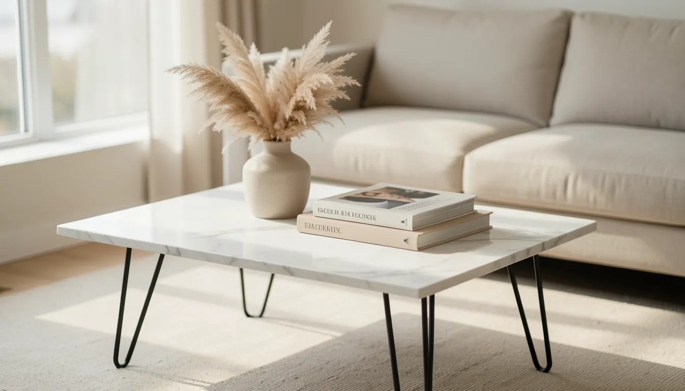 Table basse rectangulaire en marbre blanc veiné gris, piètement métal noir, dans un salon clair avec canapé lin et tapis texturé