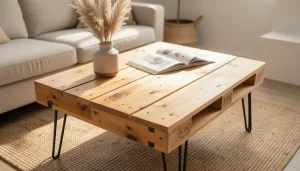 Table basse en palettes bois brut huilé avec pieds métalliques noirs dans un salon lumineux