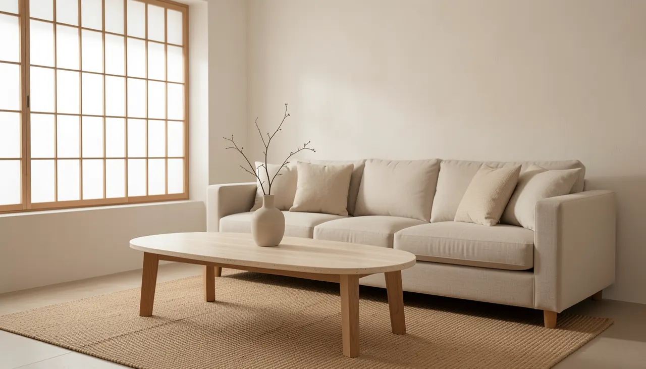 Salon style japandi table basse ovale marbre travertin beige piètement chêne clair tapis lin beige murs crème