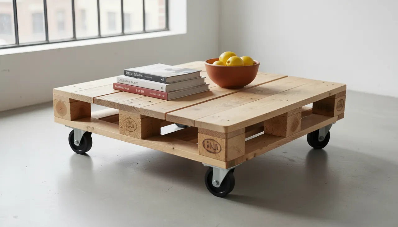 Palette en bois brut transformée en table basse sur roulettes dans un salon