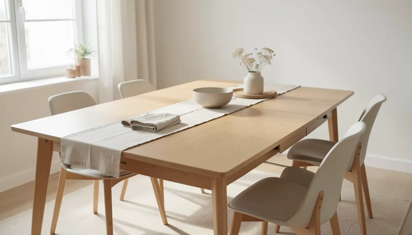Table à manger extensible ouverte en chêne clair dans une salle à manger lumineuse
