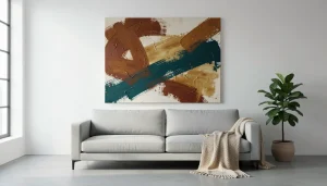 Grand tableau abstrait aux teintes terre et bleu posé au-dessus d'un canapé gris dans un salon contemporain lumineux