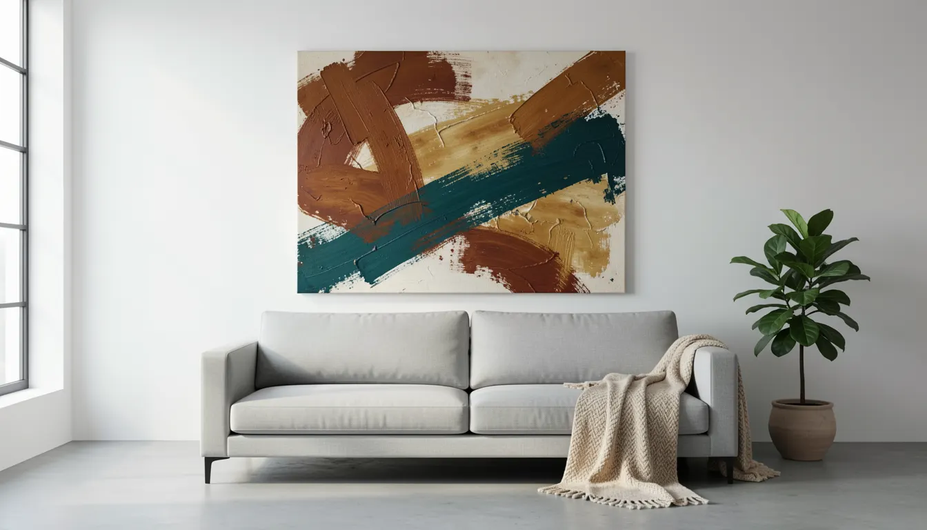 Grand tableau abstrait aux teintes terre et bleu posé au-dessus d'un canapé gris dans un salon contemporain lumineux