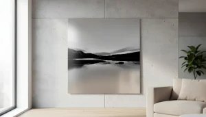 Grand tableau aluminium brossé accroché sur mur béton clair dans salon contemporain lumineux