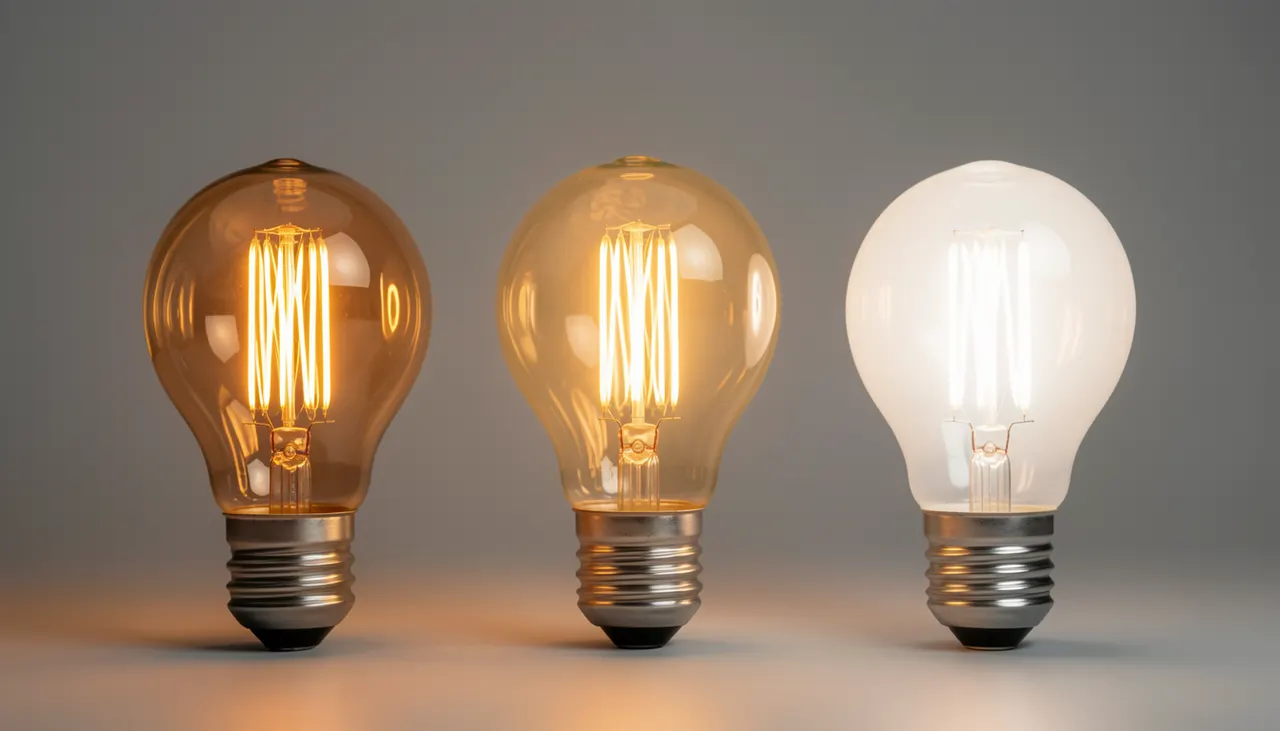 Nuancier visuel trois ampoules filament allumées 2200K 2700K 3000K sur fond neutre