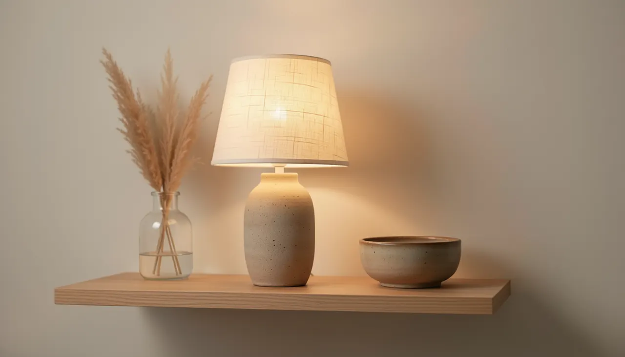 Lampe à poser sans fil batterie grès brut abat-jour washi sur étagère salon