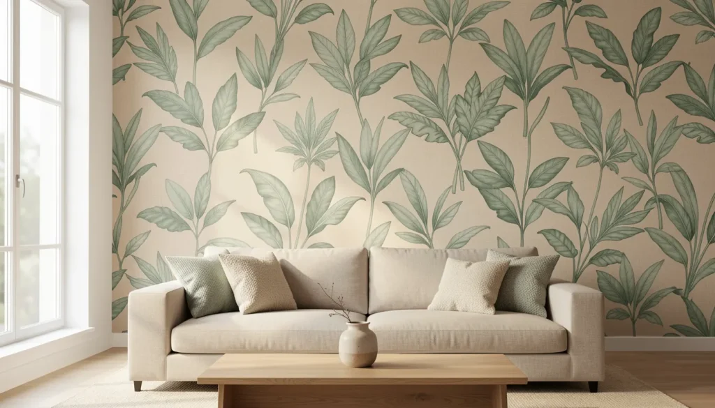 Salon contemporain avec un pan de mur habillé d'un papier peint panoramique motif feuillage vert sauge sur fond beige