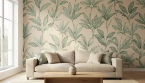 Salon contemporain avec un pan de mur habillé d'un papier peint panoramique motif feuillage vert sauge sur fond beige
