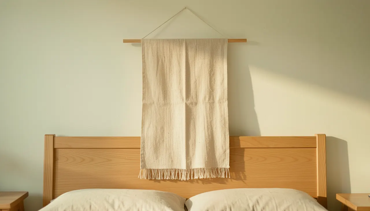 Tenture murale lin lavé beige clair texture tissée main au-dessus tête de lit bois clair