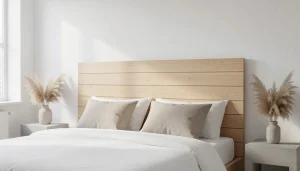 Tête de lit en bois clair faite main fixée au mur dans une chambre épurée avec linge de lit blanc