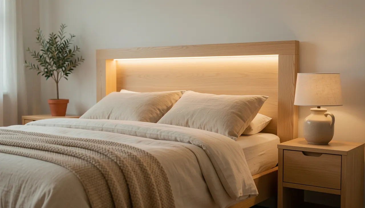 Tête de lit bois avec niches intégrées, ruban LED allumé lumière chaude 2700K, linge de lit lin lavé, style japandi