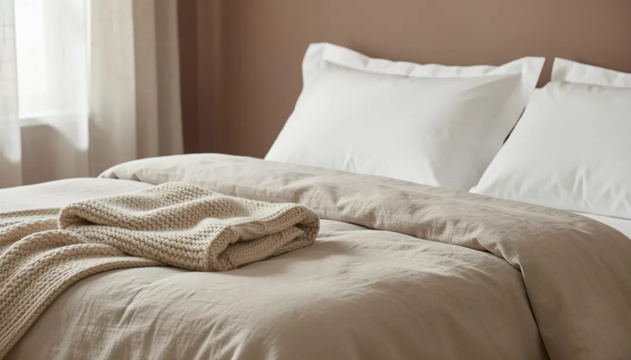 Détail linge de lit lin lavé, plaid laine mérinos, coussins coton, rideaux occultants lin