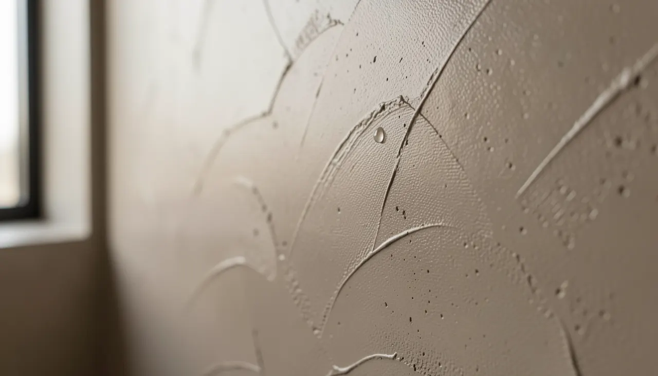 Détail texture béton ciré satiné mur salle de bain lumière rasante