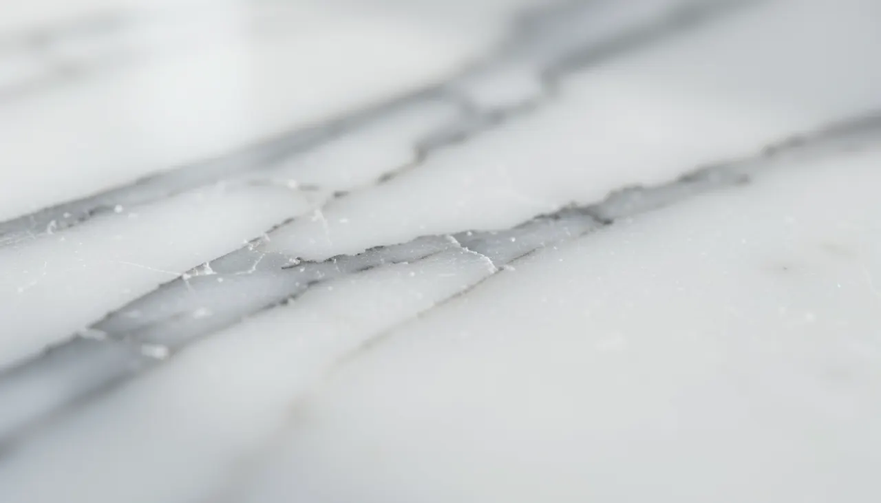 Gros plan sur la texture veines marbre blanc Carrara surface polie reflets lumiere naturelle