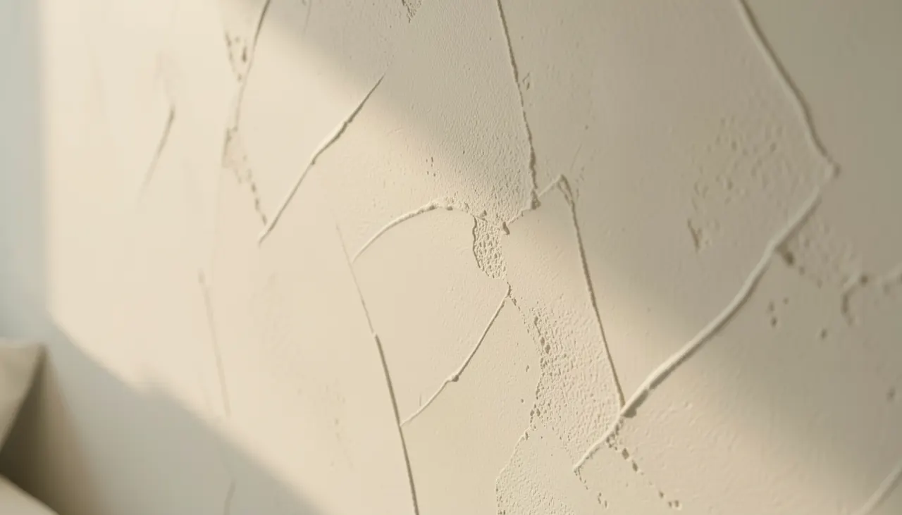 Détail mur chambre : enduit chaux mat beige clair texture fine lumière rasante