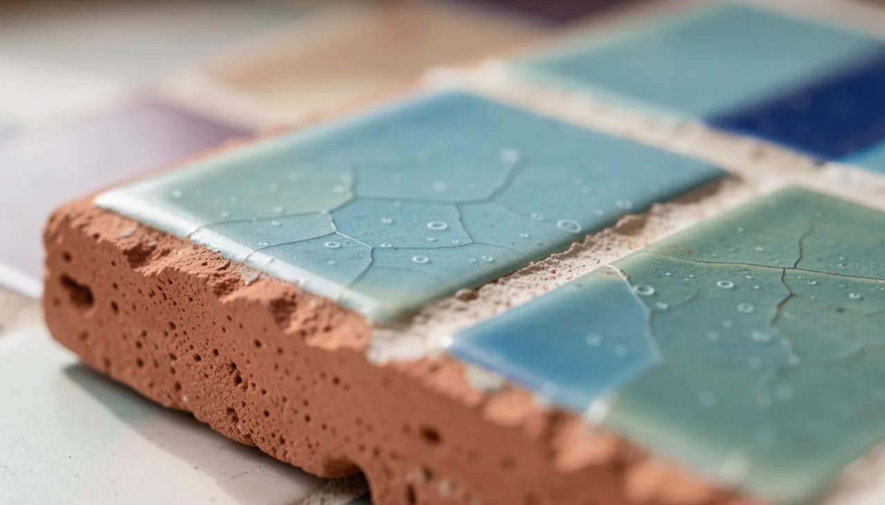 Détail macro de carreaux zellige artisanaux montrant irrégularités bord et variation émail