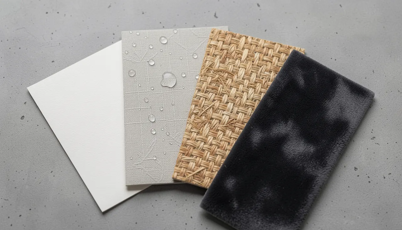 Échantillons de matières papier peint : intissé lisse, vinyle texturé, herbe de mer, velours gaufré