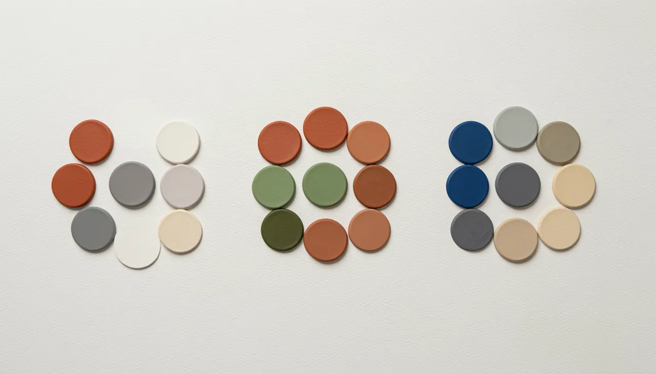 Palettes d'associations terracotta : neutres chauds, vert sauge, bleu pétrole