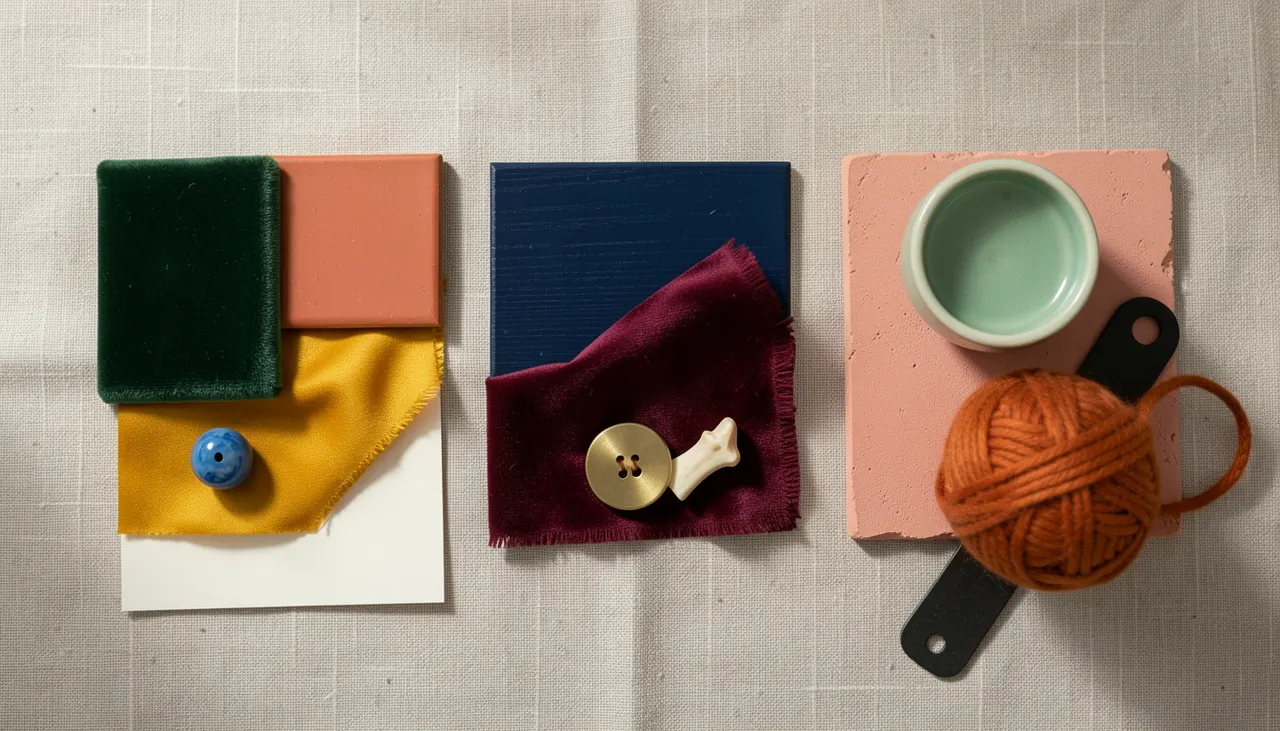 Nuancier visuel de trois palettes maximalistes : verts profonds et terracotta, bleu nuit et bordeaux doré, rose argile et vert céladon