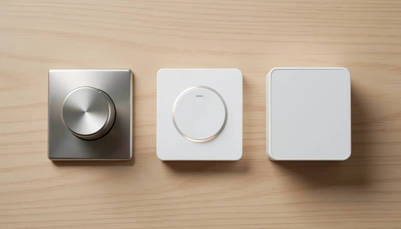 Gamme de variateurs rotatif, tactile et connecté posés sur un plan de travail